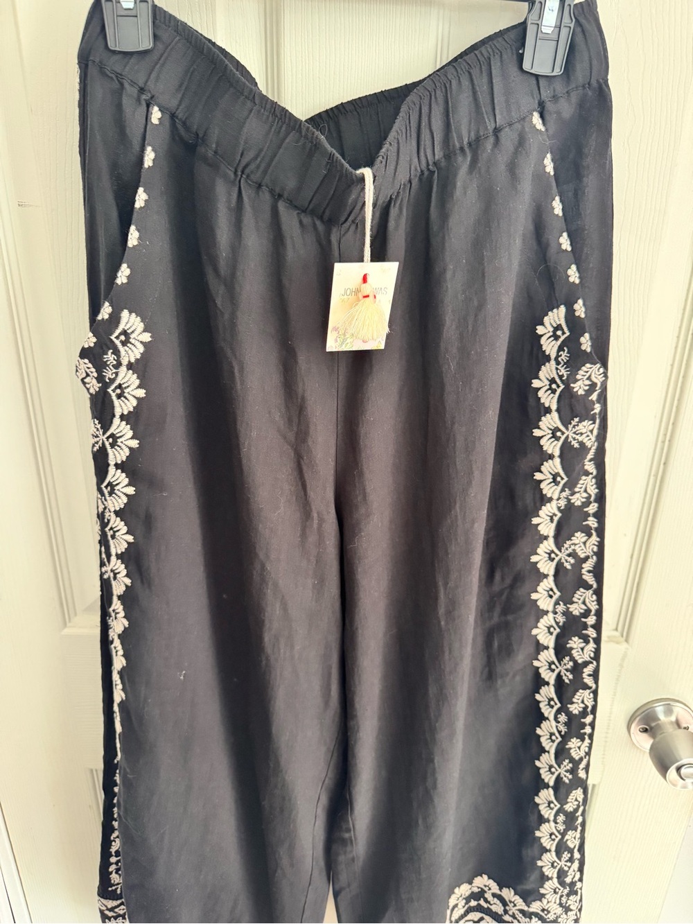 Johnny Was Workshop Pants Womens M Black Embroidered Linen Wide Leg NWT - Picture 8 of 16